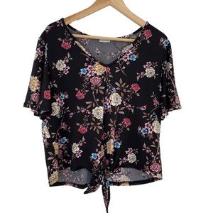 PARAPHRASE BLACK/MULTI COLOURED TOP/BLOUSE W/FLUTTER SLEEVES & WAIST TIE, LARGE